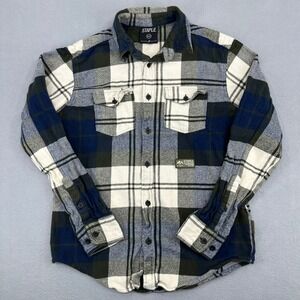 Staple Pigeon Mens Plaid Flannel‎ Shirt Blue Green White Graphic Back Medium